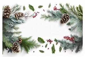 Flat lay composition with winter fir branches, cones, holly isolated on white background, generate ai photo