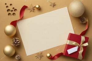 vacío papel blanco para Navidad o nuevo año saludo tarjeta. regalo cajas, fiesta decoraciones en dorado antecedentes parte superior vista. plano laico estilo. valores foto Navidad, carta, generar ai