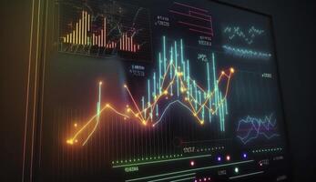 Financial graphs, glowing lines and diagram on digital screen. Trading market and economic concept. Financial crisis and inflation. Created with photo