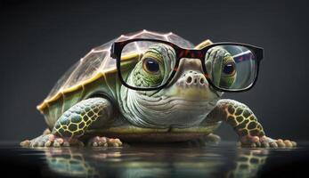 linda pequeño verde Tortuga con lentes en frente de estudio antecedentes. generativo ai. foto