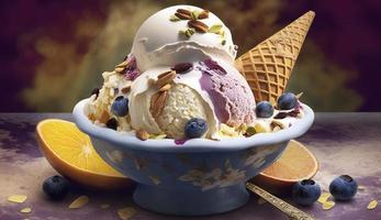 cold ice cream topped with mulitple fine chopped dry fruits, Generate Ai photo