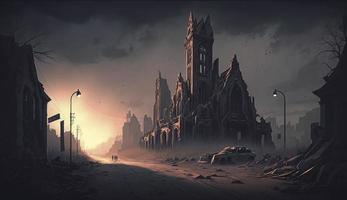 illustration painting of destroyed Abandoned City, Digital Illustration, Ruins Creepy Grunge Drawing Scary Horror Zombie Apocalypse, Buildings, Roads, Generate Ai photo