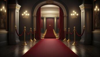 VIP lujo Entrada con rojo alfombra. postproducido generativo ai digital ilustración. foto