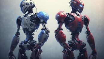 Two futuristic robots before match in blue and red color. Postproducted digital illustration. photo