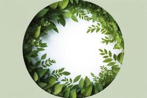 Empty white summer and spring nature background with fresh green leaves and circle frame, generate ai photo