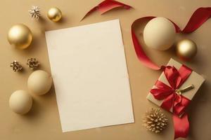 vacío papel blanco para Navidad o nuevo año saludo tarjeta. regalo cajas, fiesta decoraciones en dorado antecedentes parte superior vista. plano laico estilo. valores foto Navidad, carta, generar ai