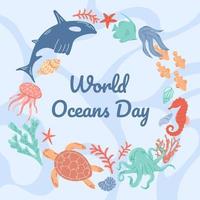 Square banner for World Ocean Day with many different sea animals, shells, corals. vector