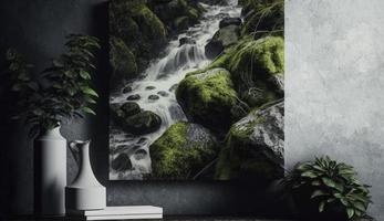 Waterfall landscape with rocks covered in green moss, Generate Ai photo