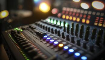 Sound mixer closeup with glowing lights at club party. Postproducted illustration. photo