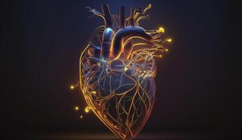 Glowing lines at human heart 3D shape on dark background. Postproducted digital illustration. photo