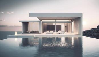 Luxury residential minimalist villa with pool and ocean on horizon. Postproducted illustration. photo