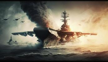 panoramic view of a generic military aircraft carrier ship with fighter jets take off during a special operation at a warzone, wide poster design with copy space area, Generate Ai photo