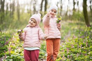 Portrait of two little sisters with bouquet of flowers on sunny forest. Outdoor spring leisure concept. photo