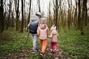 Back view of  three kids holding hands with mother walking on forest trail. Outdoor spring leisure concept. photo
