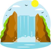 Waterfall on mountain. Rocks and water. Tropical island. Summer season, Southern landscape. Cartoon flat illustration. Pond and lake. Water falls down vector