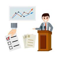 Set of objects of political election of President. Popularity chart, tie, hand with voting ballot. Candidate and podium for debate. Brown rostrum. Flat cartoon vector