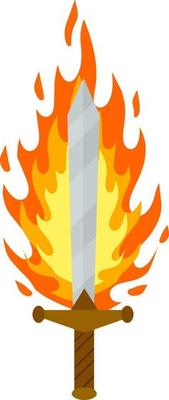 Fiery sword. Magic weapon of knight, sorcerer, magician. Fire spell. Burning blade. The medieval element of game. Dangerous hotter the flames.