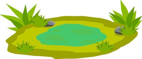 Pond and swamp, lake. Landscape with grass, stones. Platform and ground. Background for illustration. Flat cartoon. Element of nature and forests and water vector