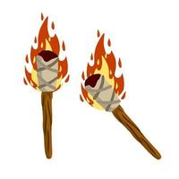 Torch on stick. Burning club. Cartoon flat illustration. old item for lighting. Fire and branch. Primitive weapon vector