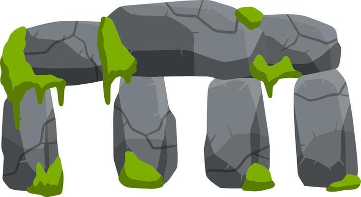 Stonehenge. English landmark. Structure is made of old stones. Historical place, block and boulders. Flat cartoon. Green moss and grass. Religious megalith of primitive man