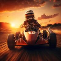 persiguiendo el sol, un go-kart carrera debajo el hermosa atardecer, generativo ai foto