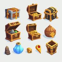 Chests with treasure, empty and full wooden box with golden coins, gem stones or crystals. Trophy trunks, game level reward. Pirate loot, fantasy assets, gui elements, gameAssets, photo