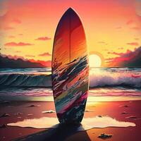 tabla de surf con puesta de sol antecedentes, generativo ai foto