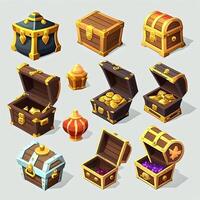 Chests with treasure, empty and full wooden box with golden coins, gem stones or crystals. Trophy trunks, game level reward. Pirate loot, fantasy assets, gui elements, gameAssets, photo