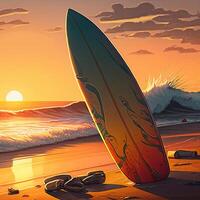 sol, arena, y tablas de surf, un playa aventura, generativo ai foto