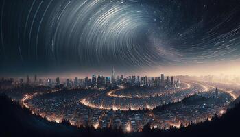 Swirls of mist and stars against a city backdrop, photo