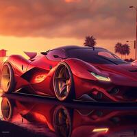 Racing into Tomorrow, Captivating Views of a Prototype Ferrari Against a Beautiful Sunset, photo