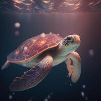 Bright and vividly colourful sea turtle swimming underwater, photo