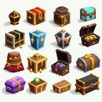 Chests with treasure, empty and full wooden box with golden coins, gem stones or crystals. Trophy trunks, game level reward. Pirate loot, fantasy assets, gui elements, gameAssets, photo