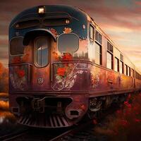 el romance de el rieles, el asombroso puesta de sol ver de un hacia el sur tren, generativo ai foto