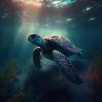 arcoiris en el mar, el vistoso mundo de nadando mar tortugas, generativo ai foto