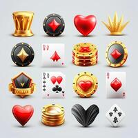 Casino slot icon set, virtual Vegas game fruit UI design elements, vector gambling machine badge kit. Golden award cup, bar sign, gift box, money bag, UI mobile app design elements, photo