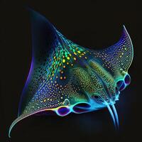 Deep sea monster Manta Ray Borealis with neon lights on its body, photo