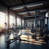 Gym interior with sport and fitness equipment, fitness center interior, generative ai photo