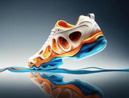 Futuristic tennis shoe concept, orange and blue, liquid form, photo