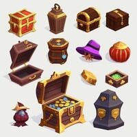 Chests with treasure, empty and full wooden box with golden coins, gem stones or crystals. Trophy trunks, game level reward. Pirate loot, fantasy assets, gui elements, gameAssets, photo