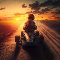 puesta de sol pista de carreras, un emocionante go-kart carreras experiencia, generativo ai foto