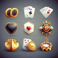 Game icon set, vector casino interface reward kit, golden crown, potion flask, award shield, magic glow. UI mobile app, treasure trophy, photo