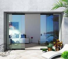 Automatic black sliding doors sea villa patio facade mockup photo