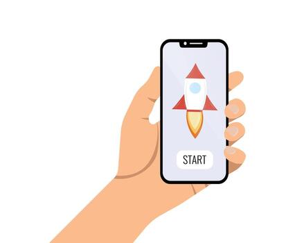 mano participación teléfono inteligente con cohete y comienzo botón en pantalla vector