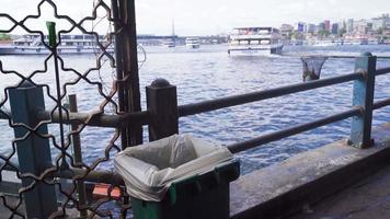 empêcher Marin pollution. le la personne qui recueille le déchets jeté dans le mer avec une scoop jette il dans le des ordures peut. video
