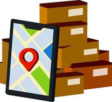 Pile of packages. Mobile phone with city map and pin. Delivery route. Concept of mail Apps. Cartoon flat illustration vector