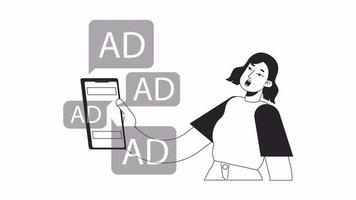 Digital ads overload bw animation. Animated shocked girl 2D flat monochromatic thin line character. Infoxication on internet 4K video concept footage with alpha channel transparency for web design