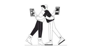 Partner phubbing bw animation. Animated couple hugging with phones 2D flat monochromatic thin line characters. Addicted 4K video concept footage with alpha channel transparency for web design