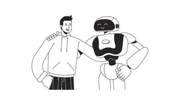 Human embracing robot bw animation. Animated android with guy 2D flat monochromatic thin line characters. AI in daily life 4K video concept footage with alpha channel transparency for web design