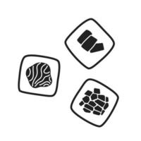 Tres maki rollos con pescado y vegetales monocromo plano vector objeto. palta, salmón Sushi. editable Delgado línea icono en blanco. sencillo bw dibujos animados Mancha imagen para web gráfico diseño, animación